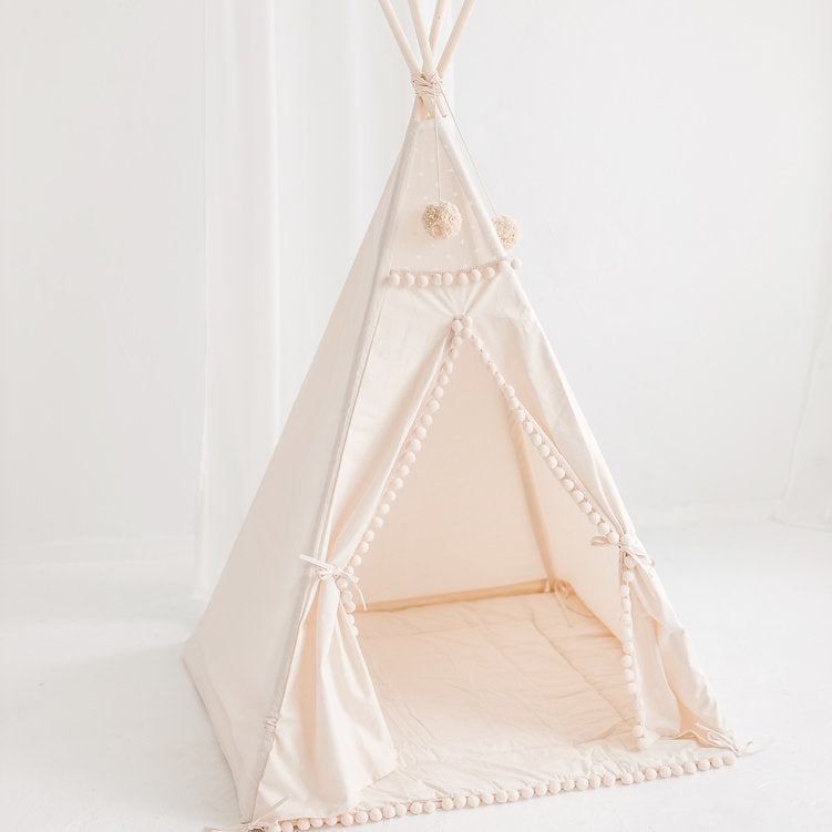 MINICAMP Square Children's Teepee With Pom-Poms in Ecru