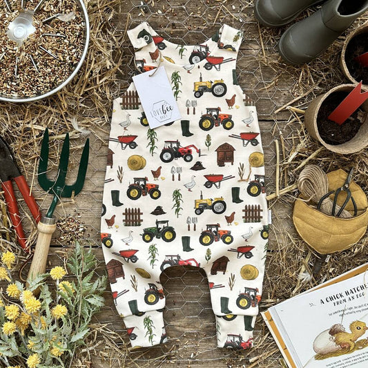 Farm Tractors Organic Romper, Beige/Brown/Green/Natural/Orange - Baby & Toddler Clothing - The Present King