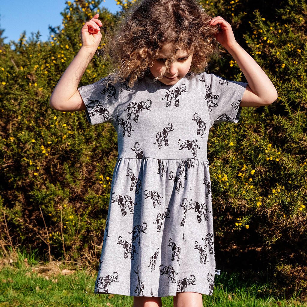 Geometric Elephant Print Children's Dress, Grey - Clothing & Accessories > Clothing > Baby & Toddler Clothing > Baby & Toddler Dresses - The Present King