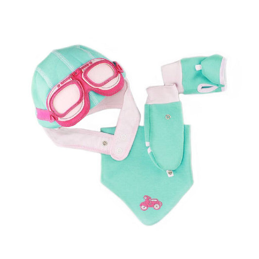 Girls Aqua Pink Motorcycle Hat, Bib And Gloves Set, Blue - Clothing & Accessories - The Present King