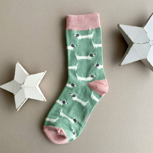 Girls Bamboo Sausage Dogs Socks In Mint 7 - 9 Years, Blue/Green/Pink - Clothing & Accessories - The Present King