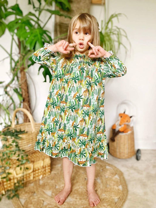 Girls Cotton Nightie Lazy Leopard / Jungle Long Sleeve, Green - Clothing & Accessories - The Present King