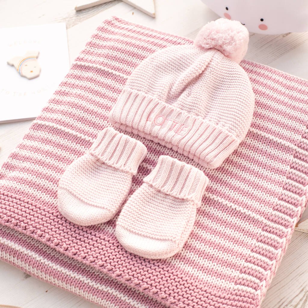 Girls Dainty Stripe Blanket, Bobble Hat And Mittens Set, Cream/Pink/Yellow - Clothing & Accessories - The Present King