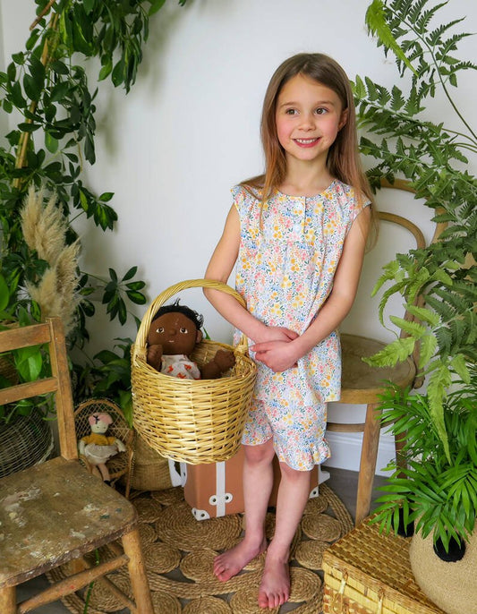 Girls Floral Cotton Pyjama Short Set In Summer Meadow, Multi - Coloured - Clothing & Accessories > Clothing > Sleepwear & Loungewear > Pyjamas - The Present King