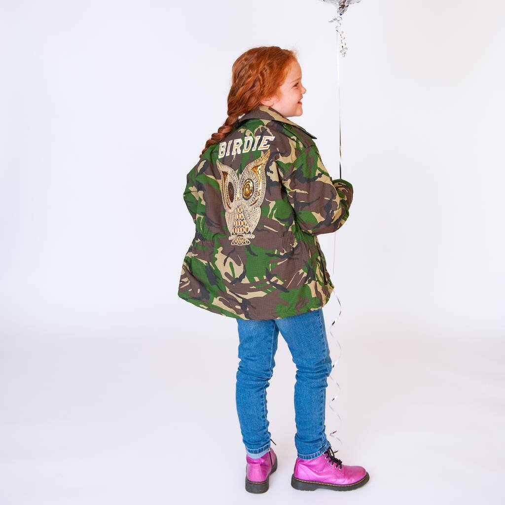 Gold Sparkly Owl Personalised Kids Camo Jacket, Green - Clothing & Accessories - The Present King