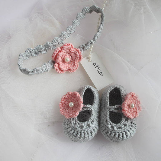 Hand Crochet Baby Shoes With Headband, Grey - Clothing & Accessories - The Present King