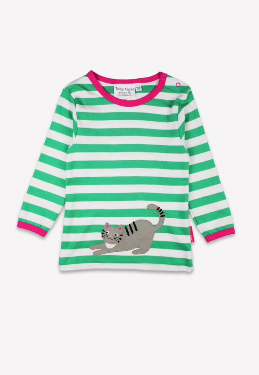 Organic Green Kitten Applique Long-Sleeved T-Shirt