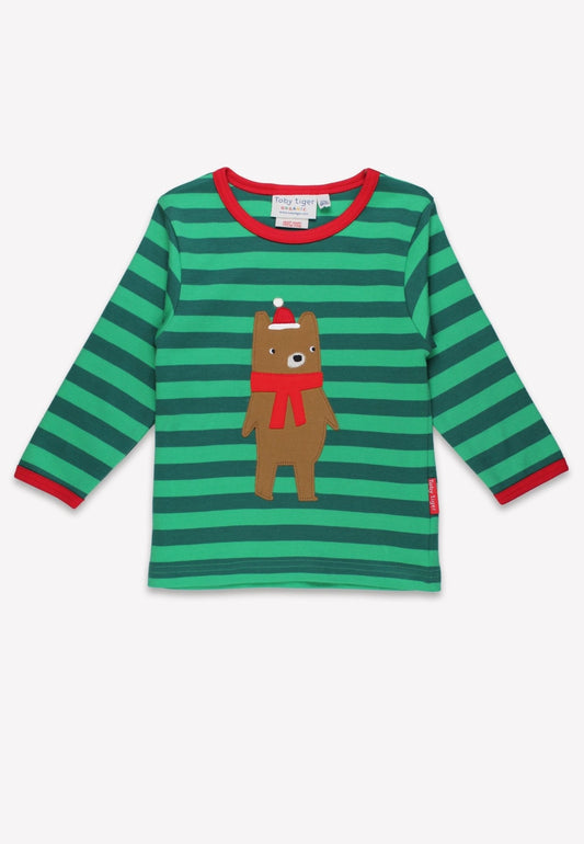 Organic Christmas Bear Applique Long-Sleeved T-Shirt