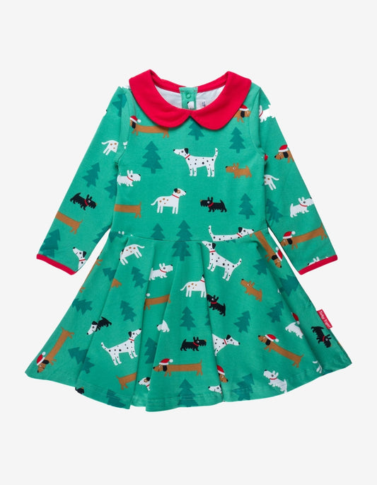 Organic Christmas Dog Print Long-Sleeved Skater Dress