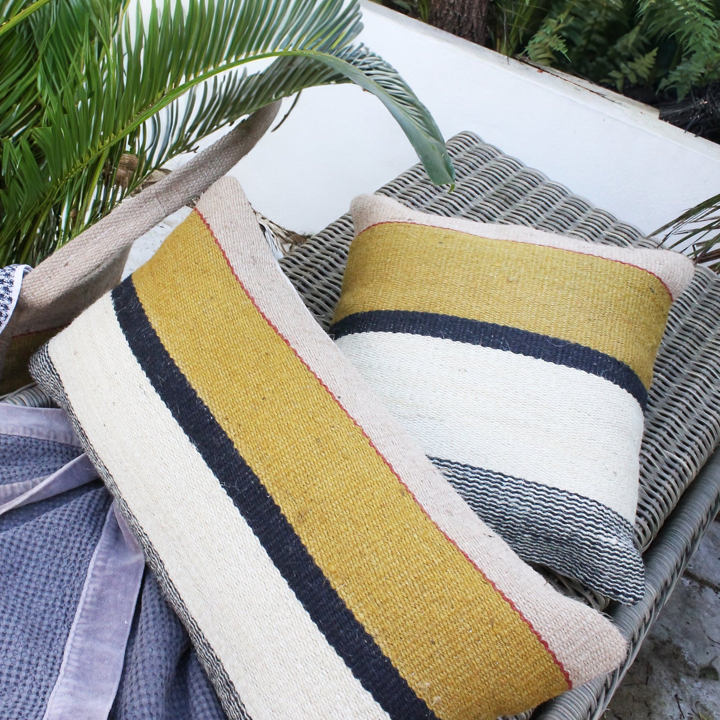 Jute Square Cushion - Mustard, Cream & Black Stripe