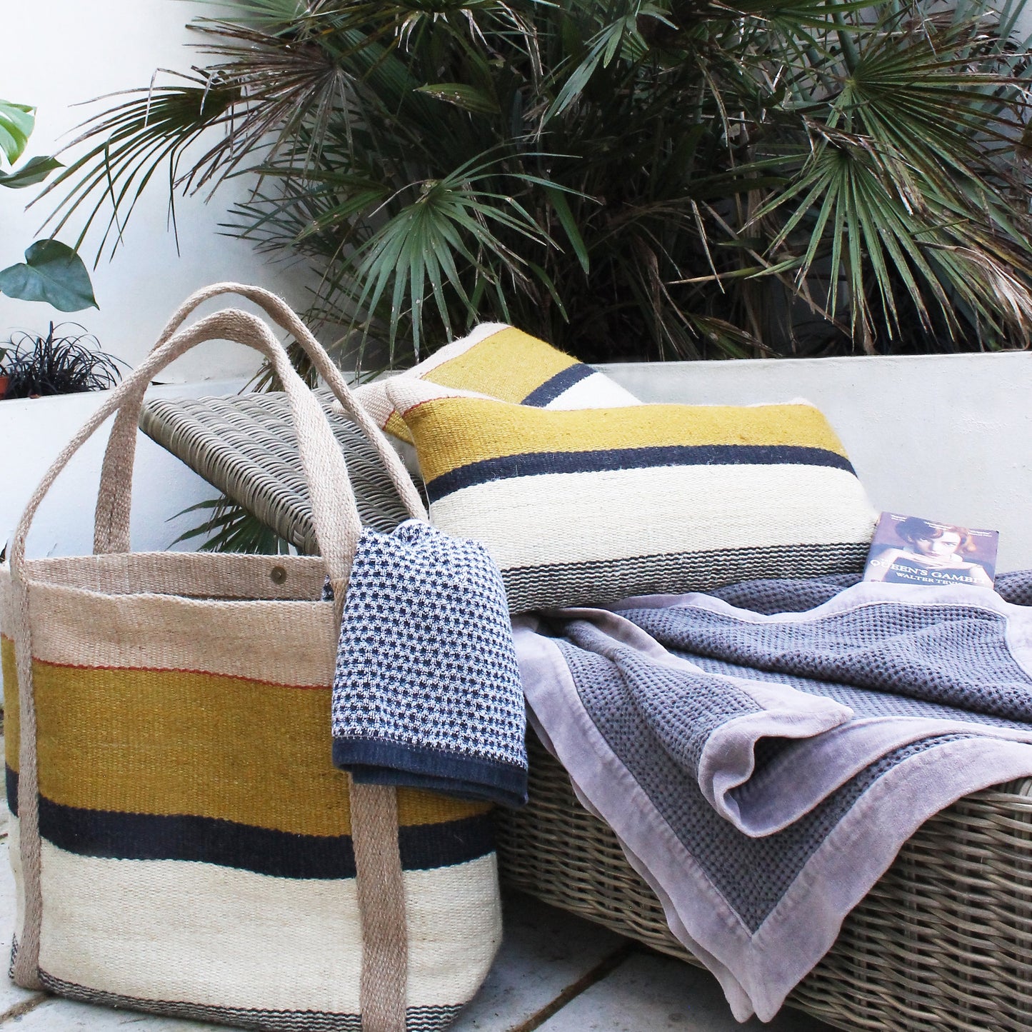 Jute Square Cushion - Mustard, Cream & Black Stripe