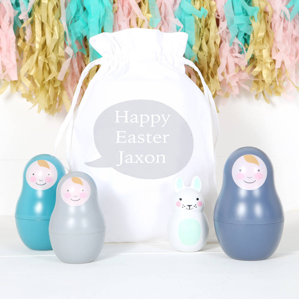 Blue Nesting Doll And Bunny, Personalised Bag, Blue/Grey/White