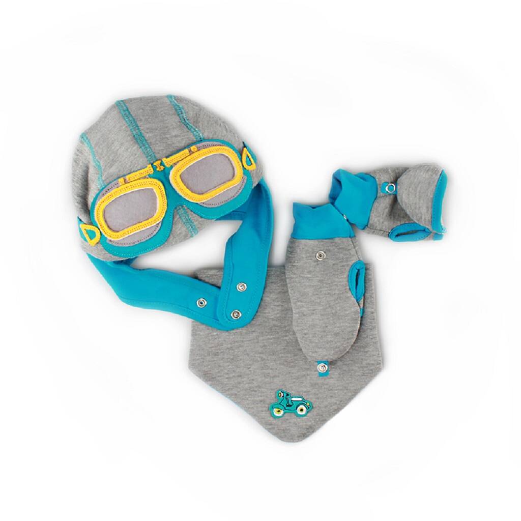 Kids Motorcycle Hat, Bib And Gloves Set, Grey