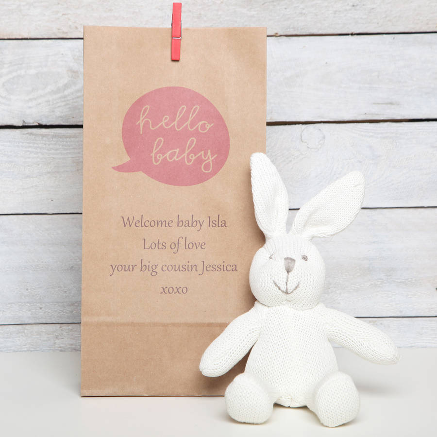 Organic Bunny Rattle, Personalised Gift Bag, Beige/Cream