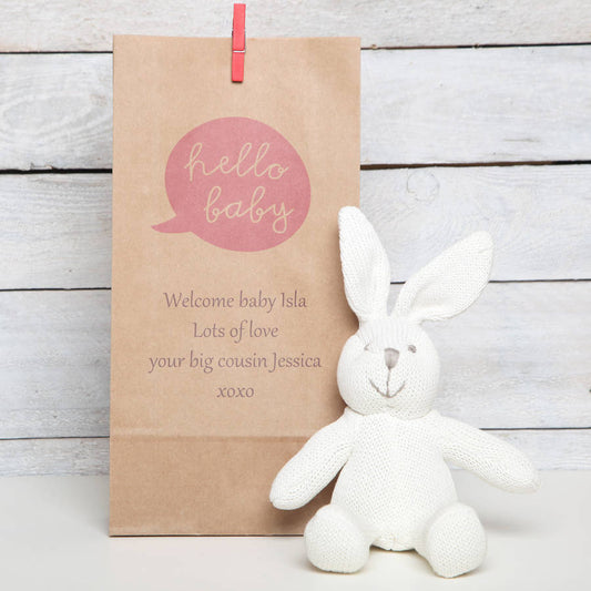 Organic Bunny Rattle, Personalised Gift Bag, Beige/Cream