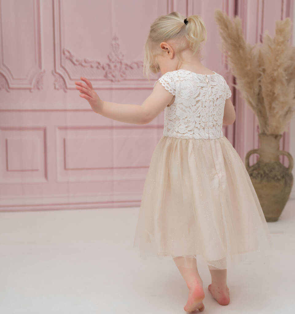 Champagne Soft Lace And Tulle Flower Girl Dress, Cream