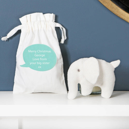 Off White Knitted Elephant Rattle With Personalised Bag, White