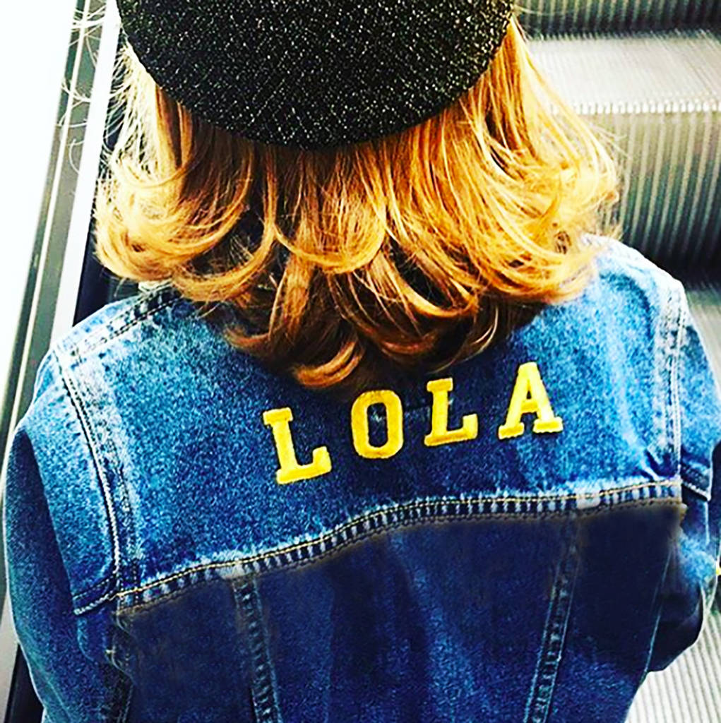 Kids Personalised Denim Jacket Basic Gold Letters, Blue