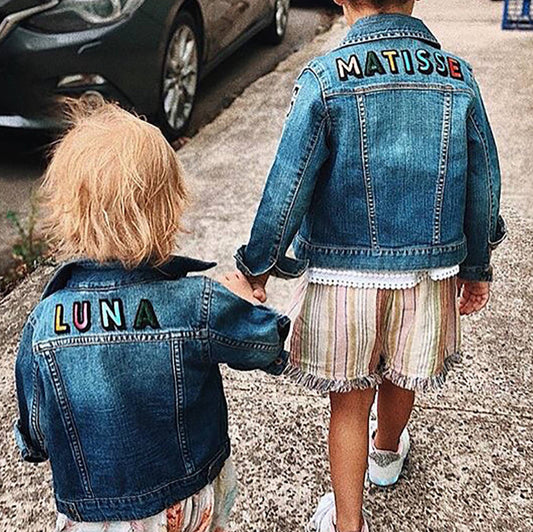 Kids Personalised Denim Jacket Rainbow Letters, Blue