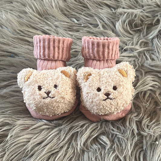 Dusty Pink Ribbed Teddy Bear Baby Socks, Pink