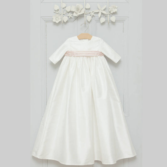 Echo Silk Long Sleeved Christening Gown, Ivory/White