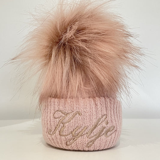 Embroidered Rose Gold Single Pom Pom Knitted Baby Hat, Pink