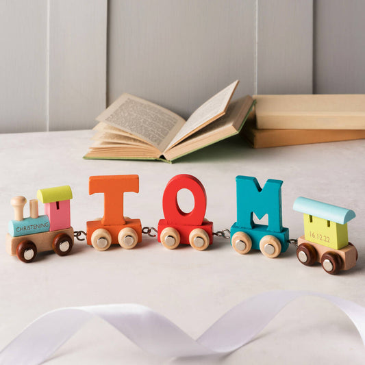 Engraved Christening Wooden Name Train Set, Brown/Green/Multi-Coloured/Multiple Choices Available/Orange/Pink/Red