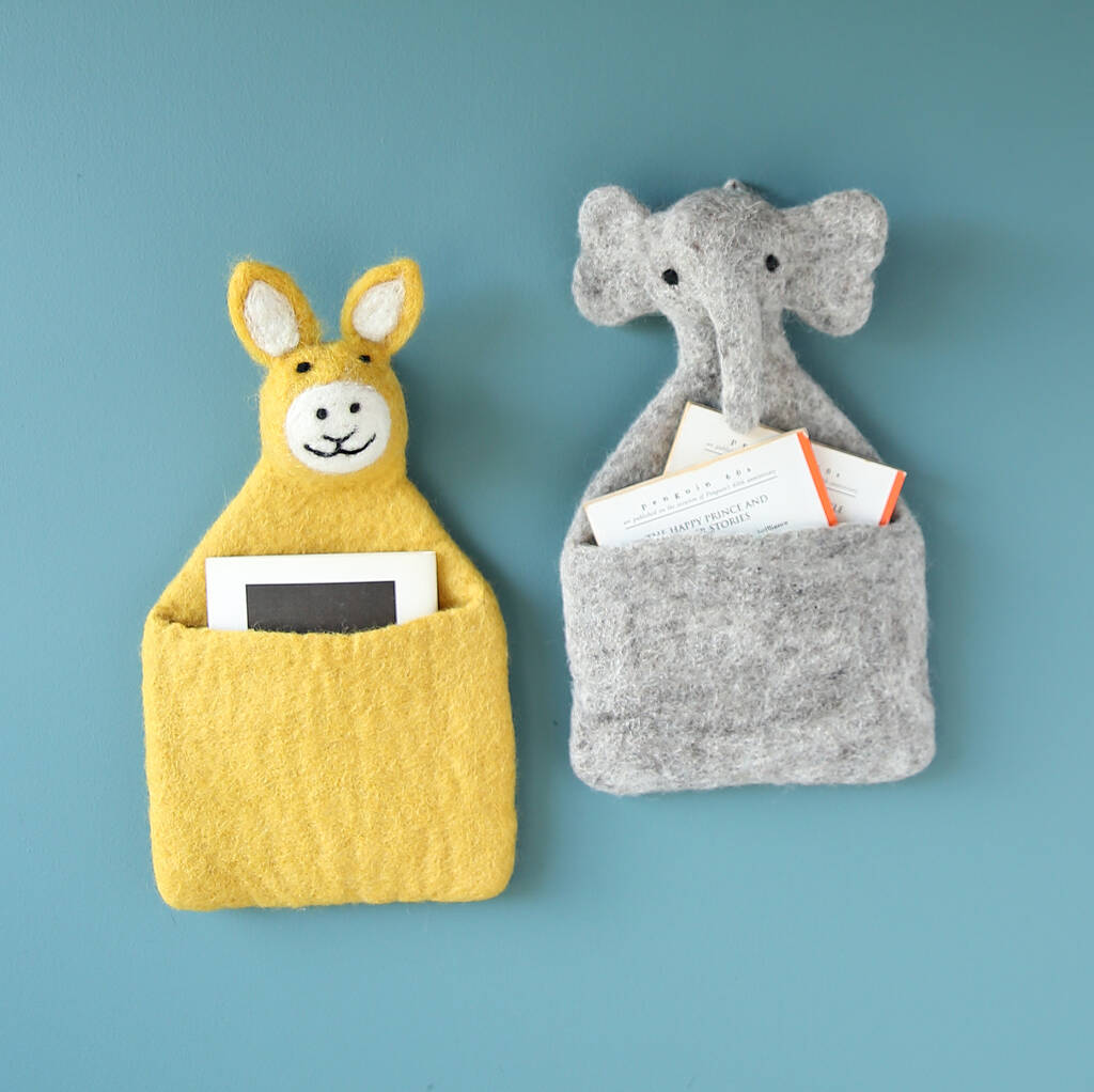 Fairtrade Felt Animal Wall Pocket, Grey/Yellow