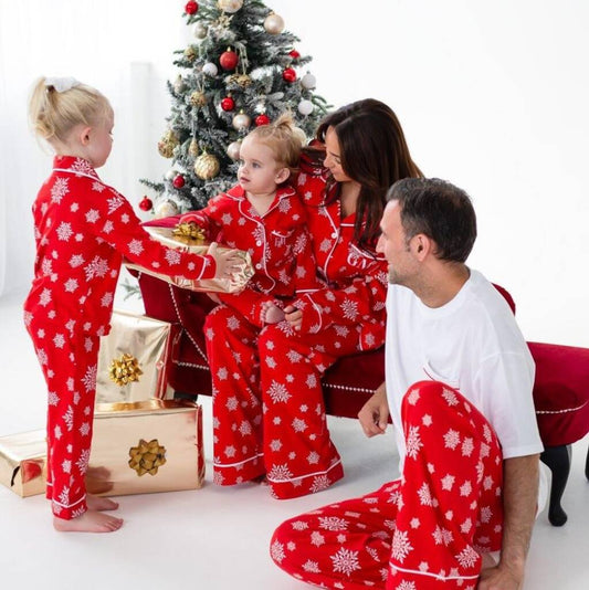 Family Christmas Red Snowflake Personalised Pyjamas, Red