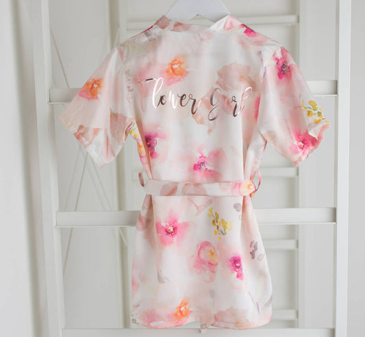 Floral Flower Girl Child Robe Gown Pink Watercolour, Pink