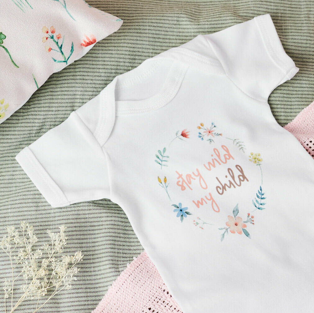 Stay Wild My Child Cotton Babygrow, Beige/Green/Pink/White