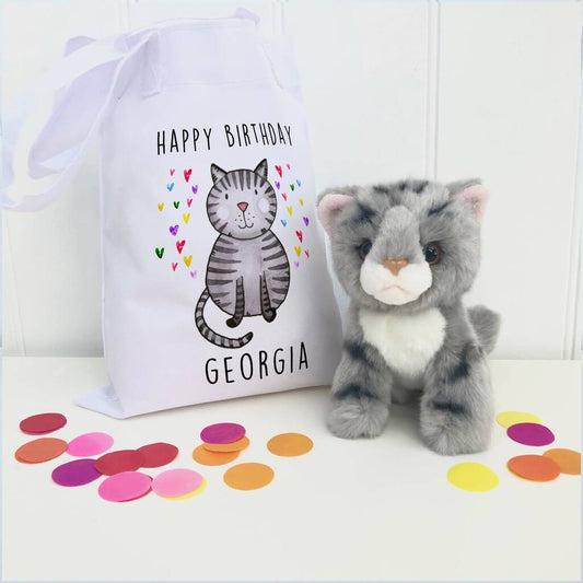 Fluffy Cat In Personalised Gift Bag, Cream/Grey/Ivory