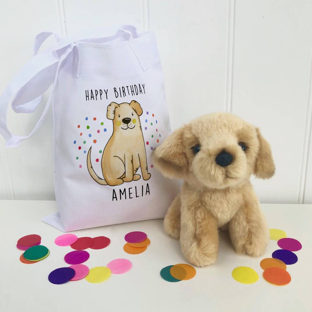 Fluffy Dog In Personalised Gift Bag, Beige/Brown/Cream