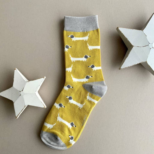 Girls Bamboo Sausage Dogs Socks In Yellow 7-9 Years, Grey/Yellow