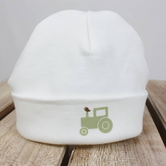 Green Tractor Beanie, Ivory/White