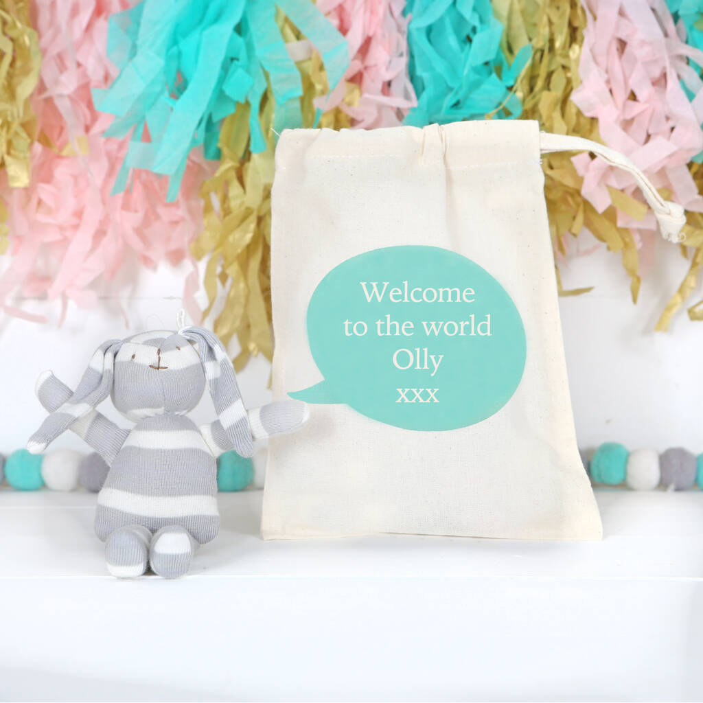 Grey Striped Bunny And Personalised Gift Bag, Grey