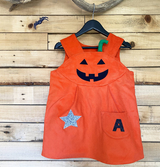 Halloween Personalised Pumpkin Face Pinafore Dress, Orange