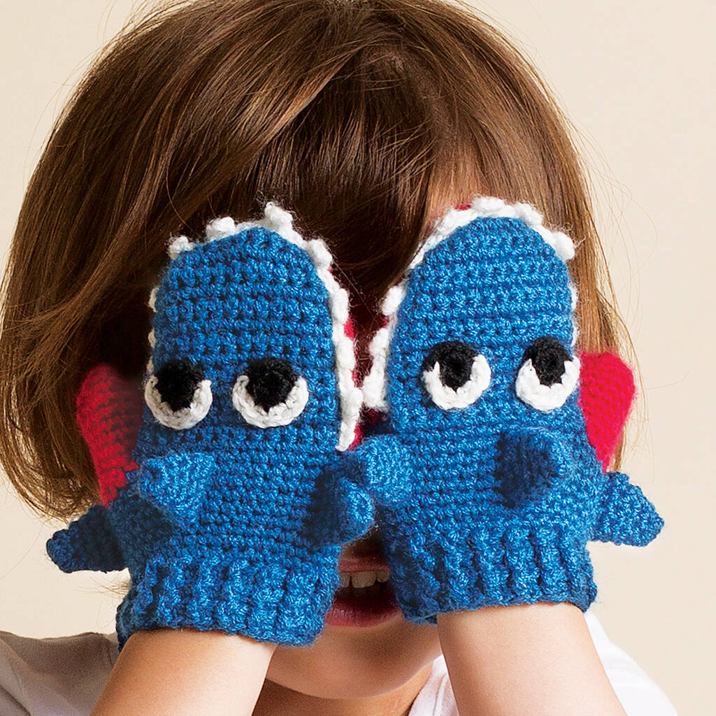 Hand Crochet Childrens Shark Mittens, Blue