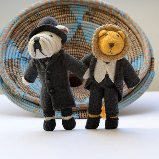 Hand Knitted Bulldog And Lion Soft Toy In Suits, Black