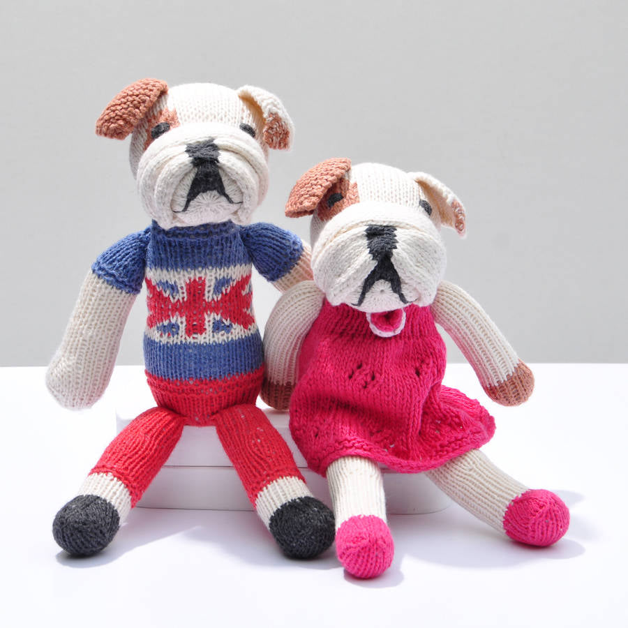 Hand Knitted Bulldog Soft Toys In Organic Cotton, Natural