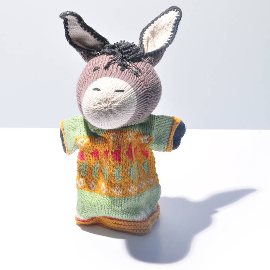 Hand Knitted Donkey Hand Puppet In Organic Cotton, Green