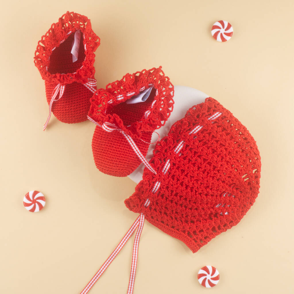 Handmade Cotton Bonnet And Booties Baby Set Red, Red