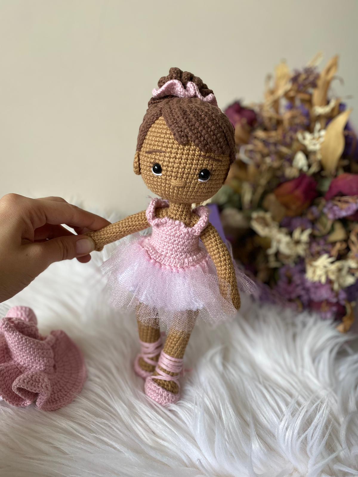 Handmade Crochet Ballerina Doll, Amigurumi Toy, Black/Brown/Pink/White/Yellow