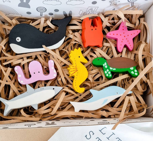 Handmade Set Of Eight Sealife Wooden Toy Creatures