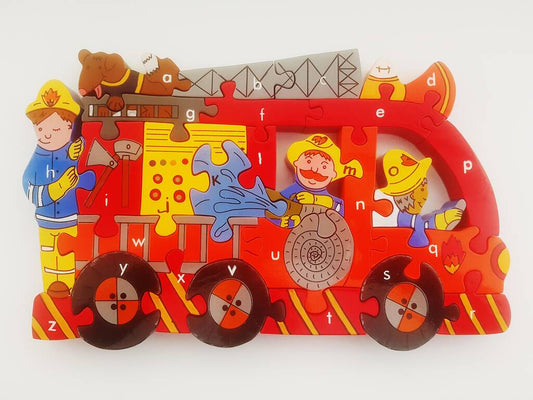 Handmade Wooden Alphabet Fire Engine Puzzle