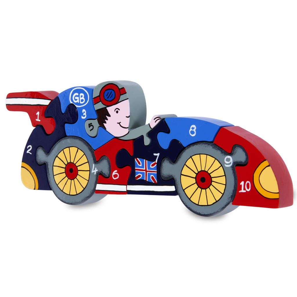 Handmade Wooden British Racing Car Puzzle, Multi-Coloured