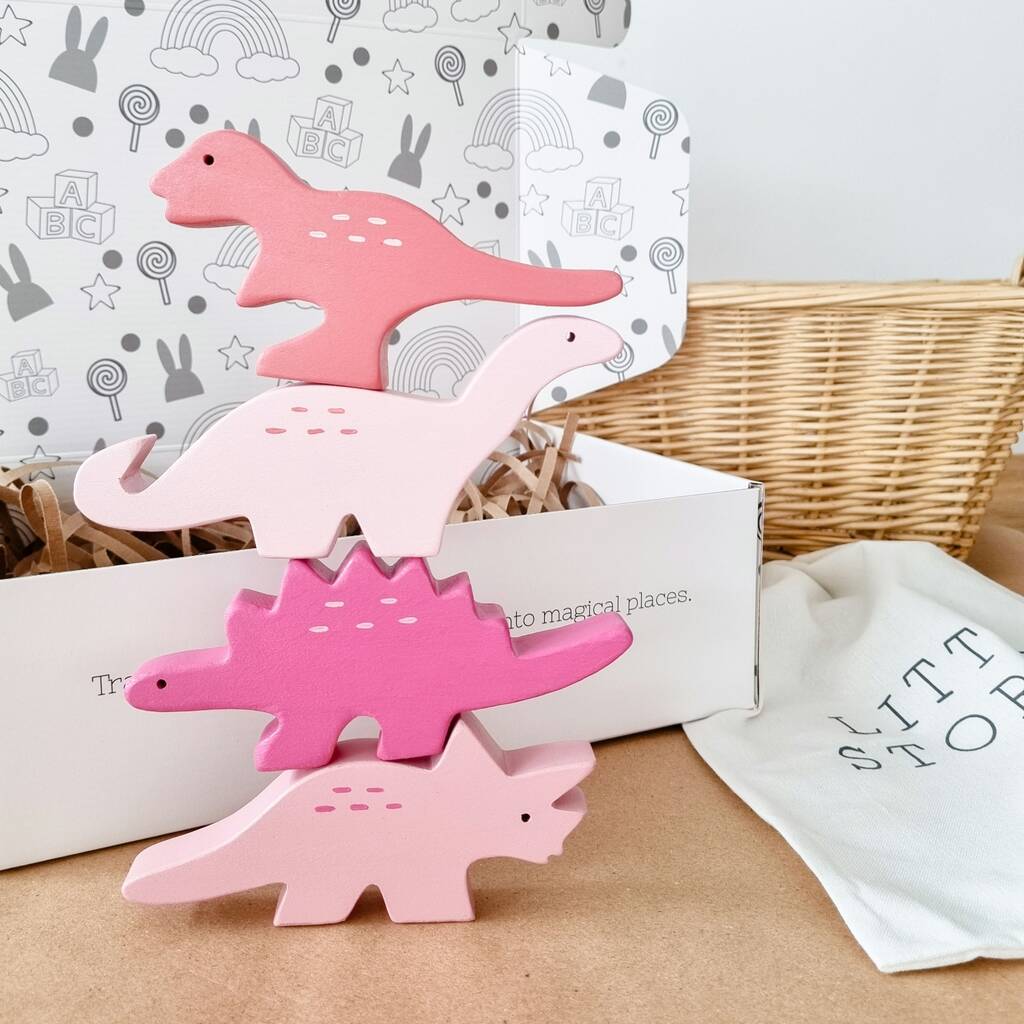 Handmade Wooden Dinosaur Set In Pink, Pink