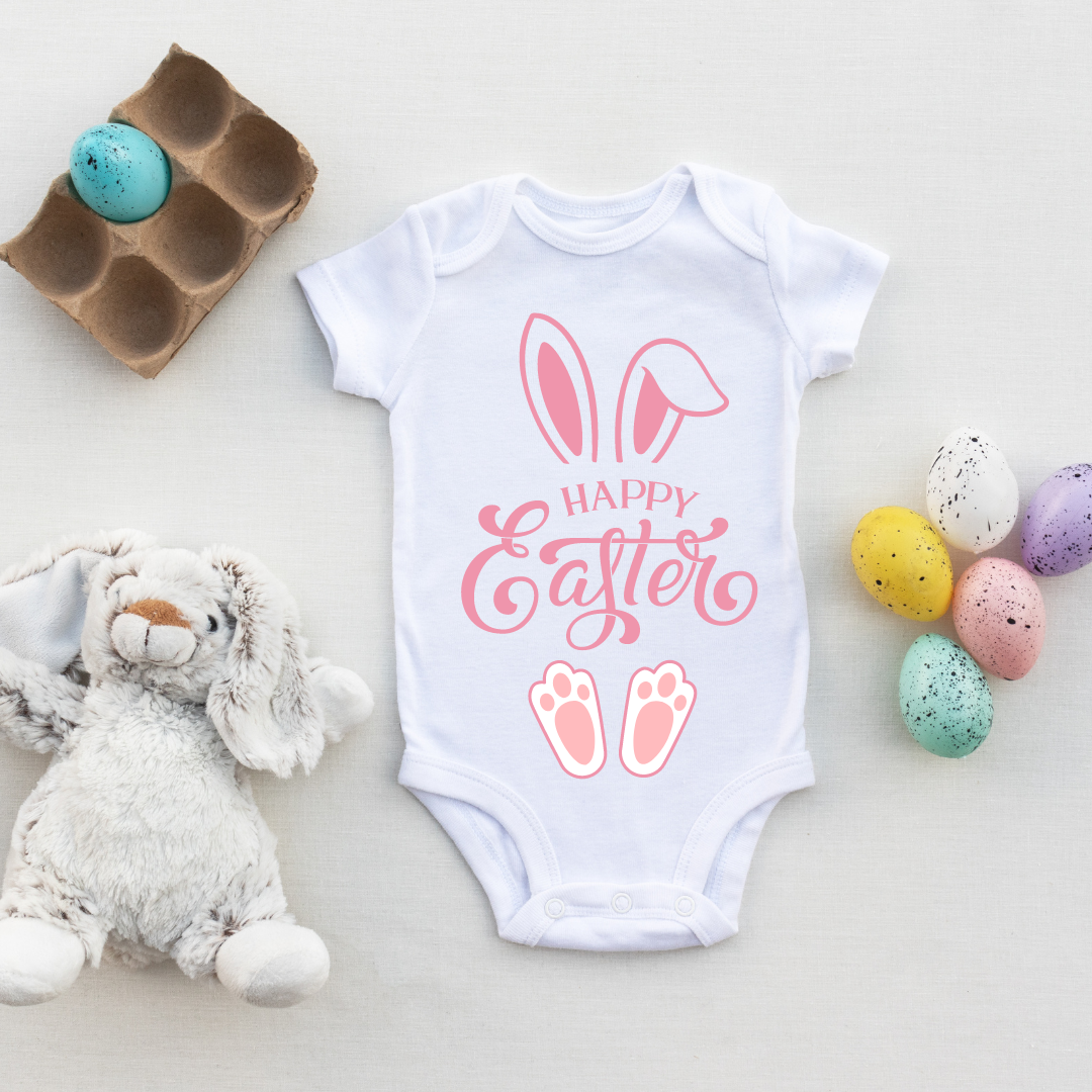 Happy Easter Baby Girl Bunny Bodysuit, White