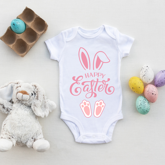 Happy Easter Baby Girl Bunny Bodysuit, White