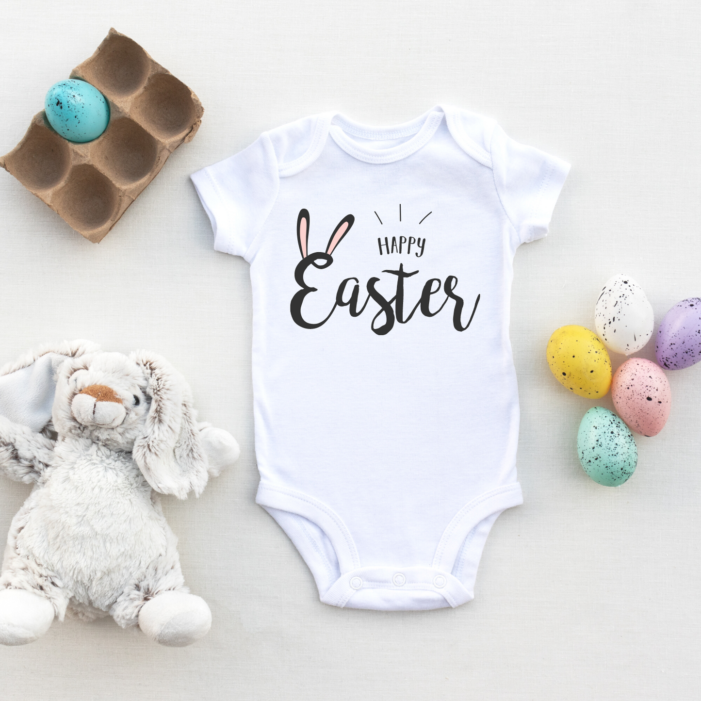 Happy Easter Bunny Baby Bodysuit, White